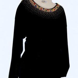 Black  long sleeve top w gold multicolored studs & sequins M Maorin Bee